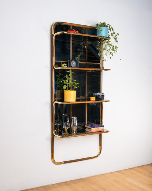 Vintage Wall Mounted Wood & Gold Tubular Mirror with Shelves – 1970s Spain