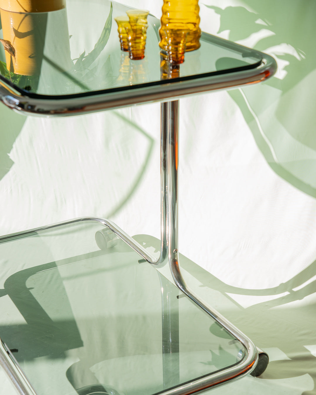 Vintage Mid-Century Modern Chrome Side Table with Glass Top – 1960s design, sleek chrome base with smoked glass top, excellent vintage condition.