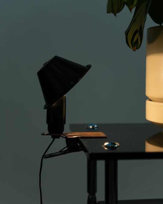 Vintage dark brown mushroom clip lamp, 1970s Spanish clip light with dome shade. Vecino Shop