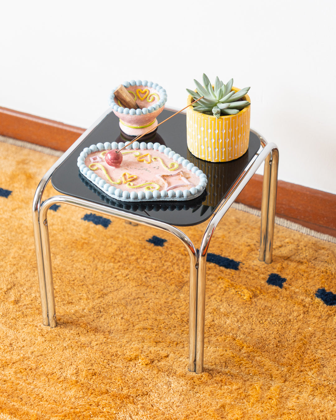 Retro Chrome & Black Glass Mini Side Table – 1970s Style
