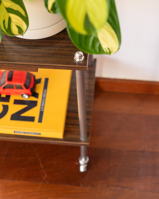 Vintage MCM 1960s chrome and wood veneer rolling table with drawer and caster wheels