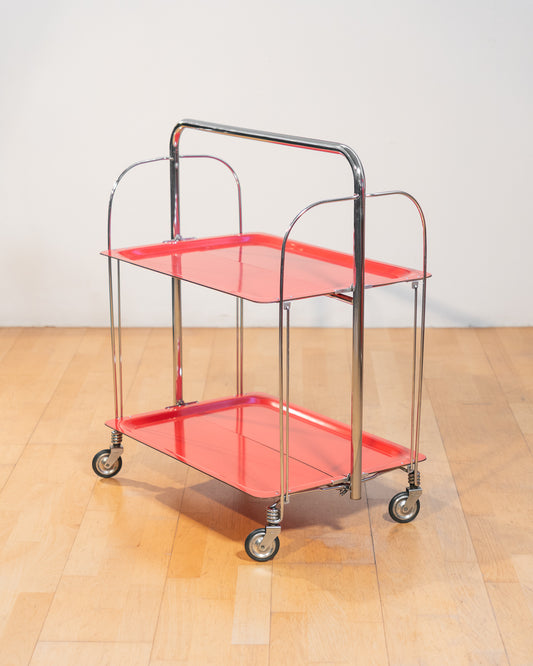 Vintage Raquer folding serving trolley 1960s, chrome frame with thin molded red trays, Mid-Century / Space Age design, compact foldable bar cart, similar to Dinnet and other classic European brands – Vecino Shop