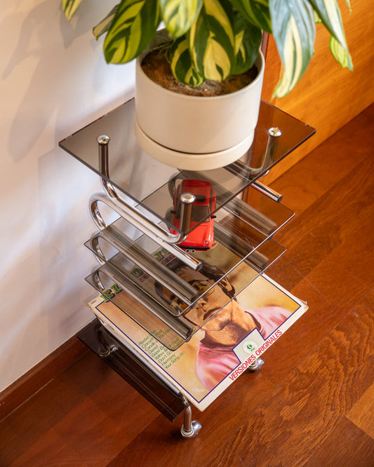 Chrome side table with acrylic and smoked glass shelves, 1970s vintage.