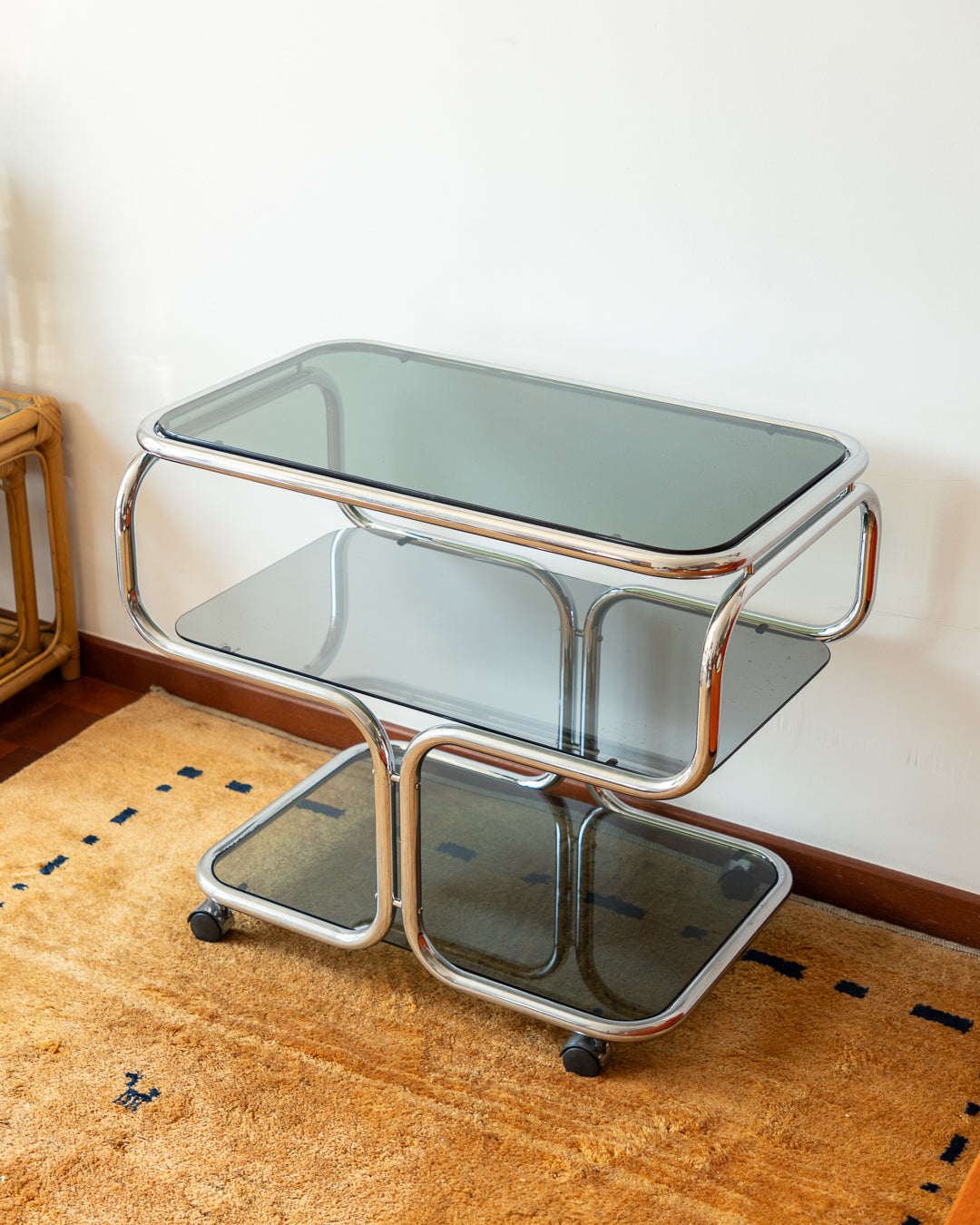 Vintage 1970s 3-tier chrome side table with smoked glass shelves – restored piece with signs of age on bottom tier – Vecino Shop