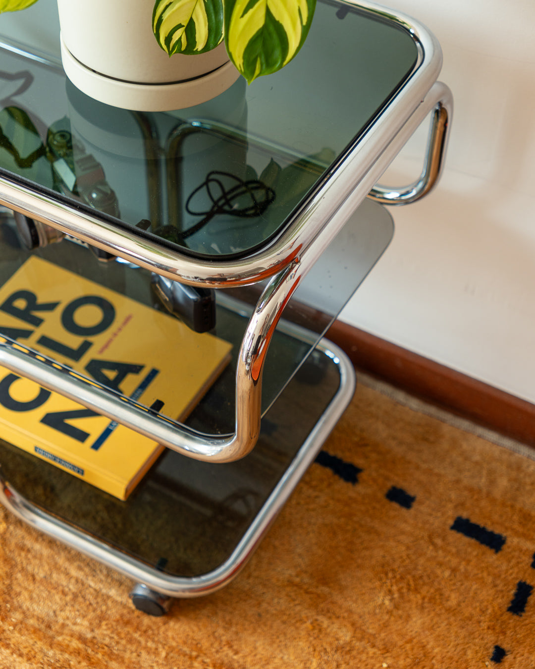 Vintage 1970s 3-tier chrome side table with smoked glass shelves – restored piece with signs of age on bottom tier – Vecino Shop