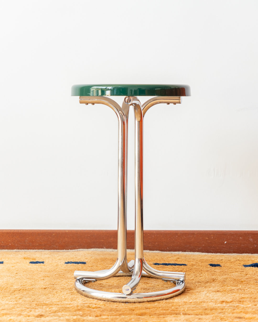 Space Age green stool with chrome base and round plastic seat – 1970s vintage