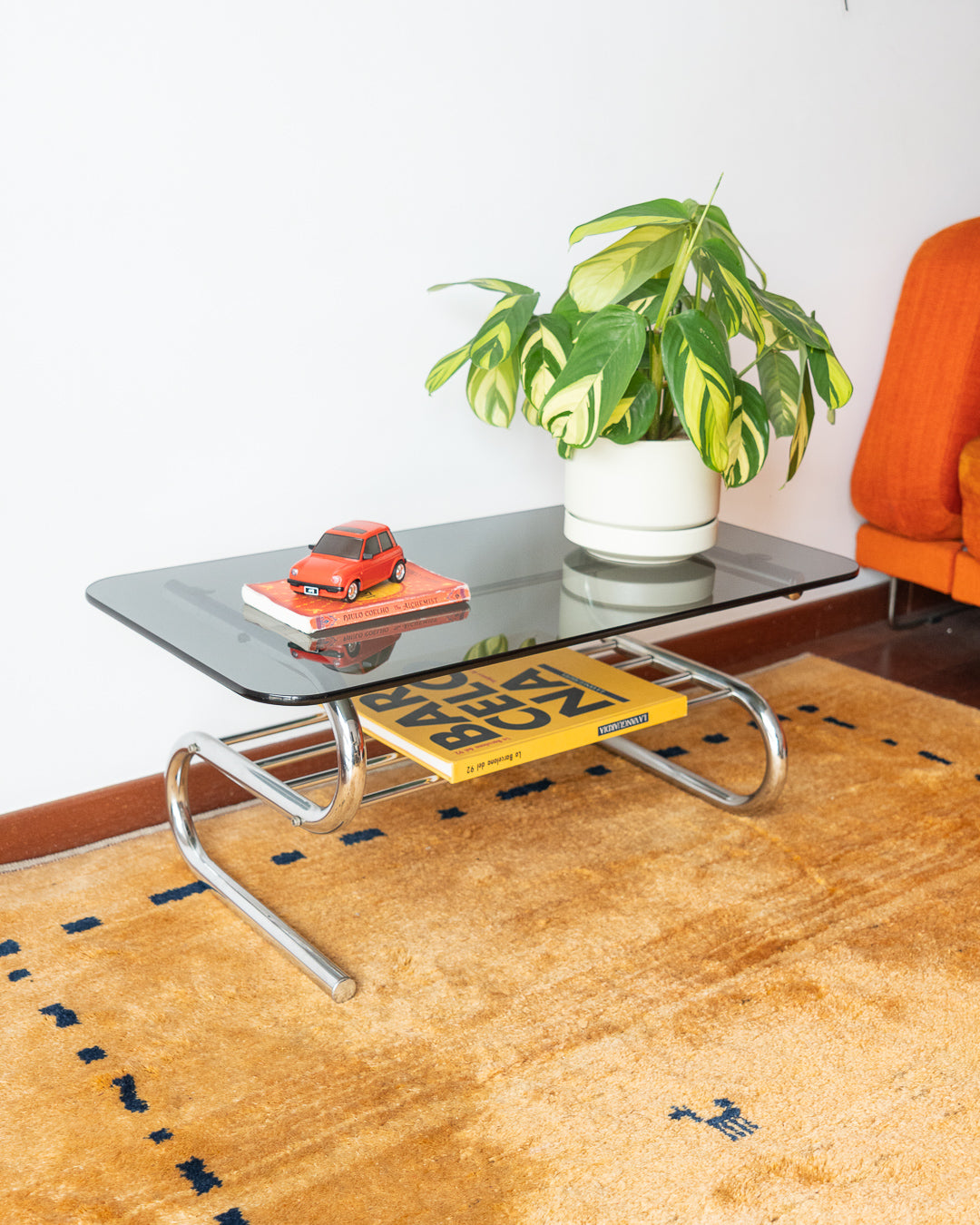 Vintage 1970s Chrome Center Table with Chrome Rod Rack & Glass Top