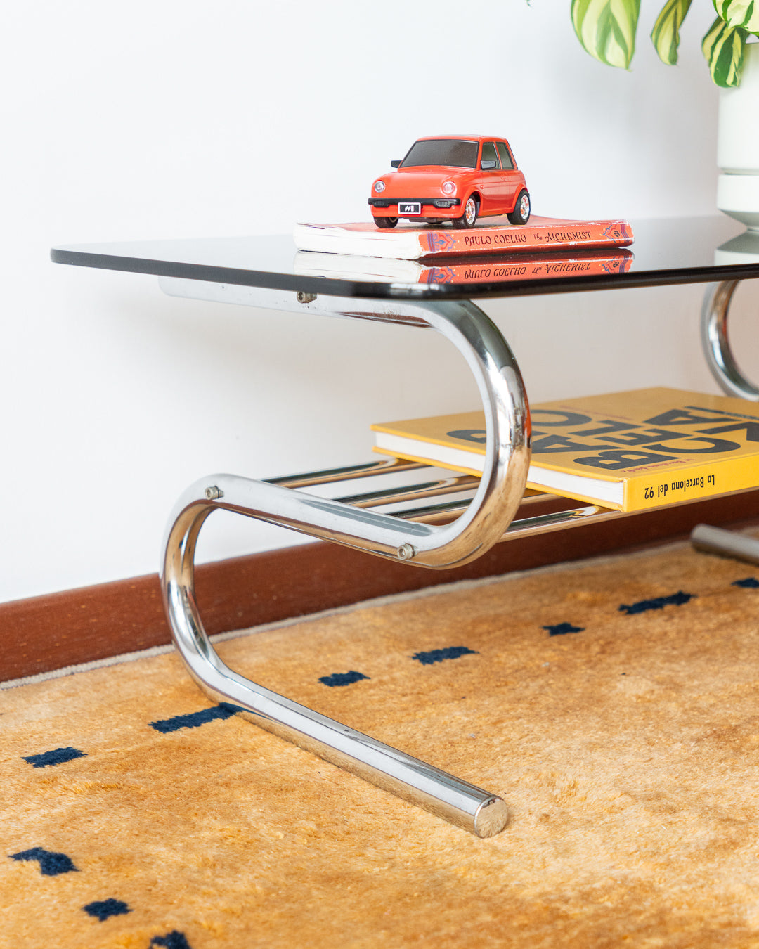 Vintage 1970s Chrome Center Table with Chrome Rod Rack & Glass Top