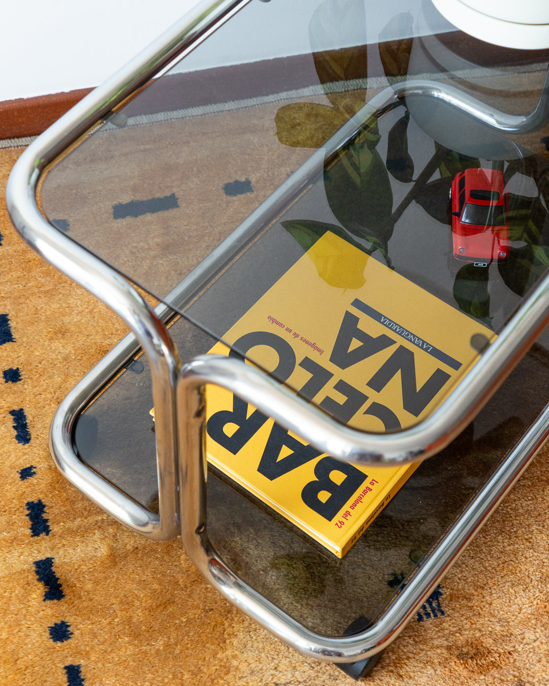 Vintage 1970s chrome side table with two smoked glass shelves – Vecino Shop