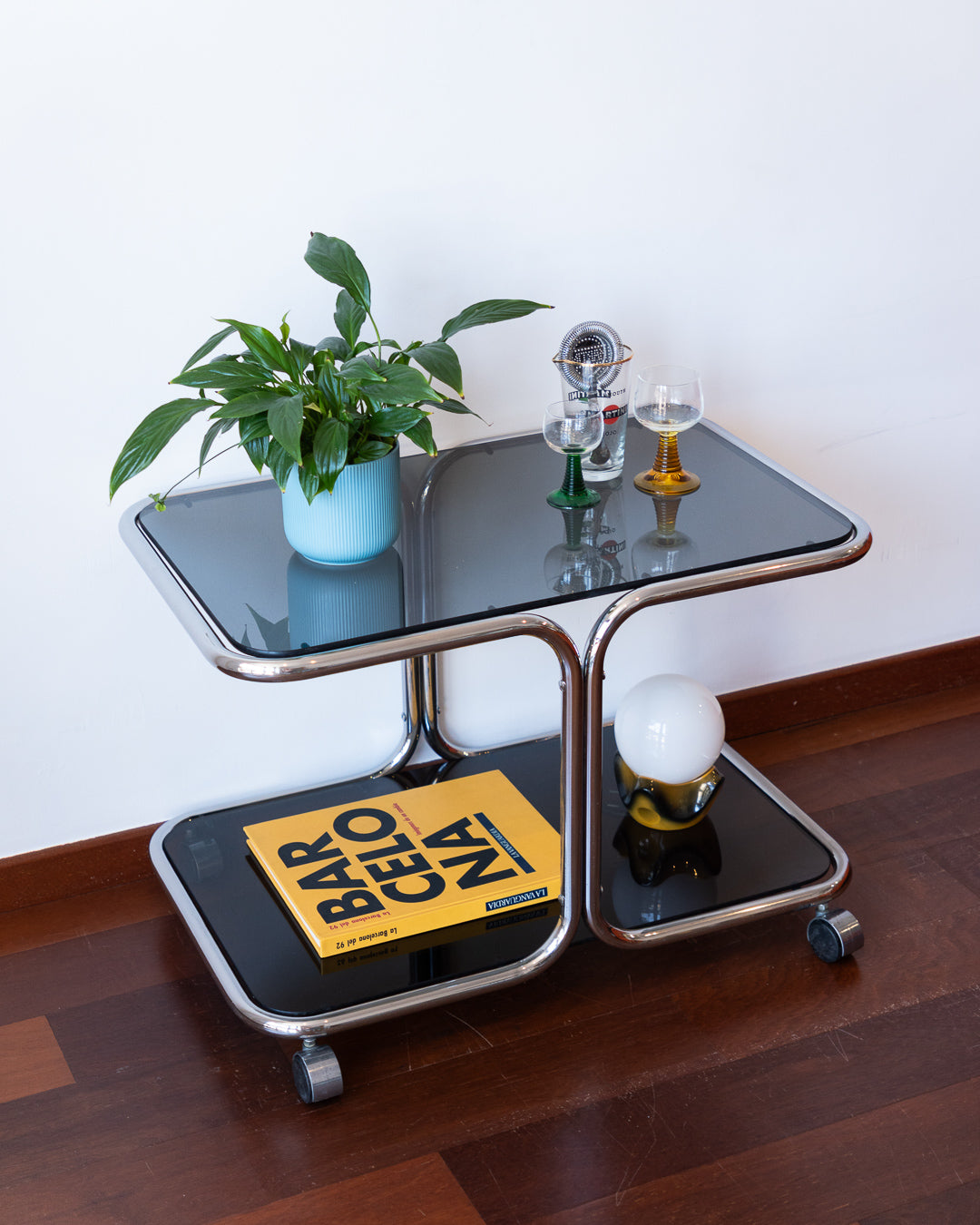 Vintage chrome side table with smoked glass shelves – Vecino Shop