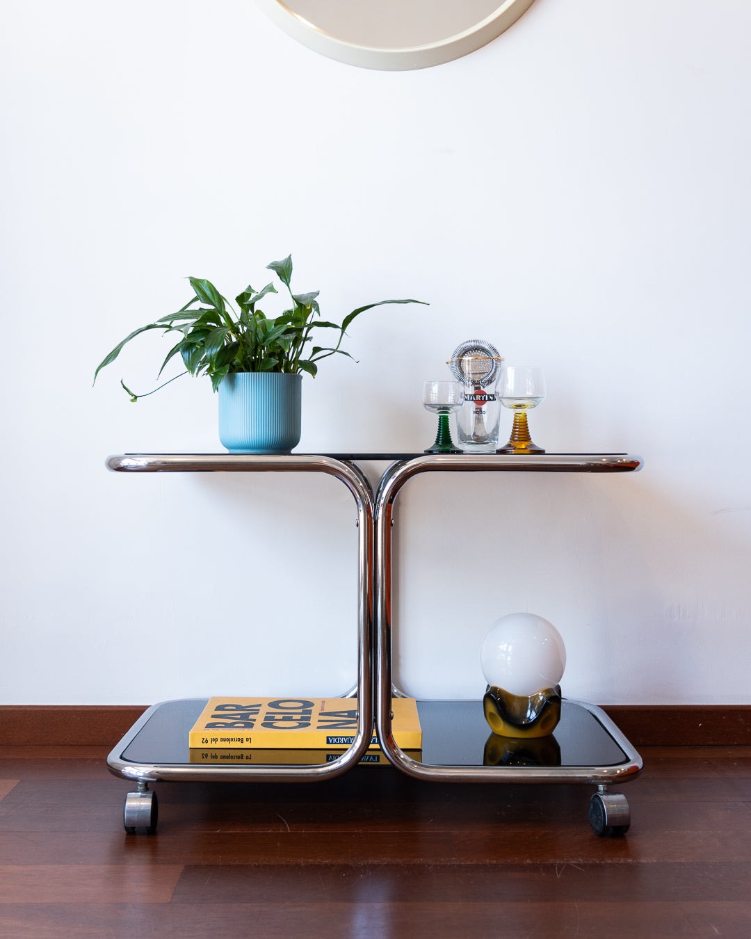 Vintage chrome side table with smoked glass shelves – Vecino Shop