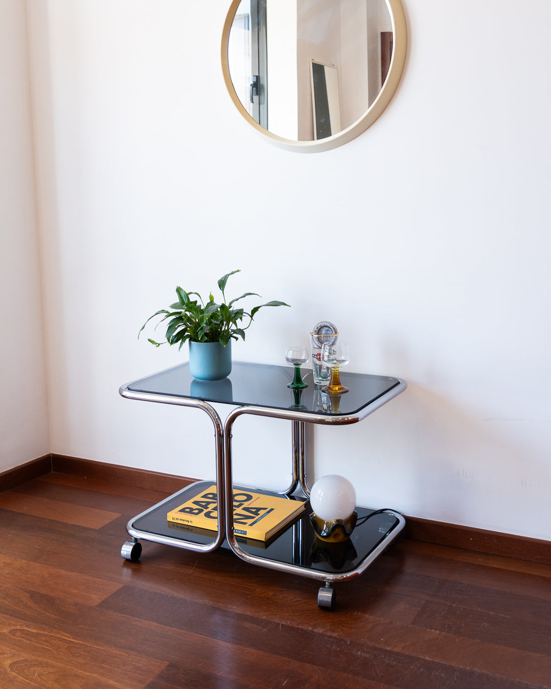 Vintage chrome side table with smoked glass shelves – Vecino Shop