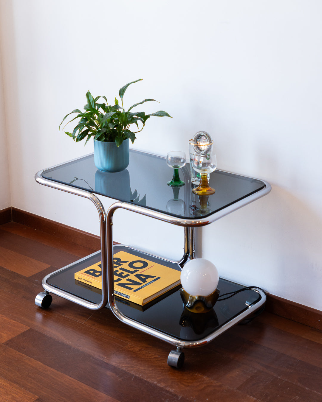 Vintage chrome side table with smoked glass shelves – Vecino Shop