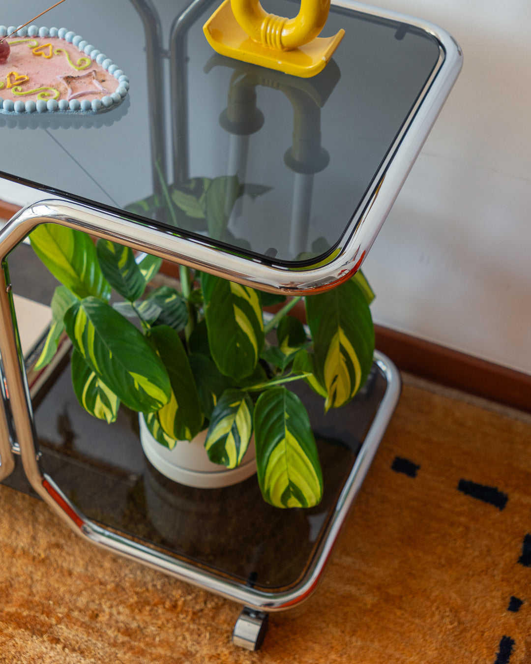 Vintage Chrome & Smoked Glass 2-Tier Side Table – 1970s