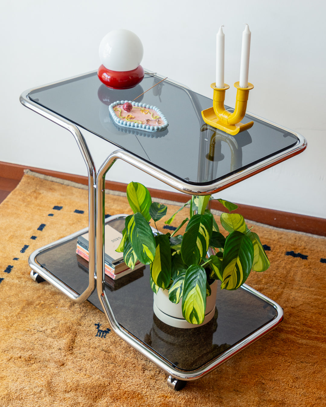 Vintage Chrome & Smoked Glass 2-Tier Side Table – 1970s