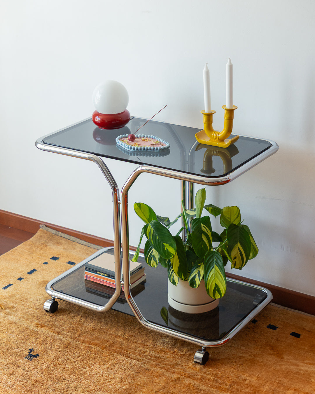 Vintage Chrome & Smoked Glass 2-Tier Side Table – 1970s