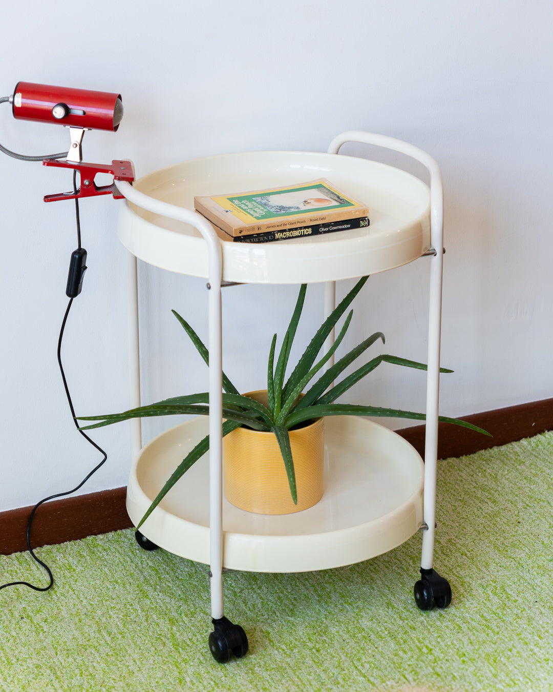 Vintage round two-tier trolley cart with cream white metal frame and plastic trays, 1960s-70s design - Vecino shop