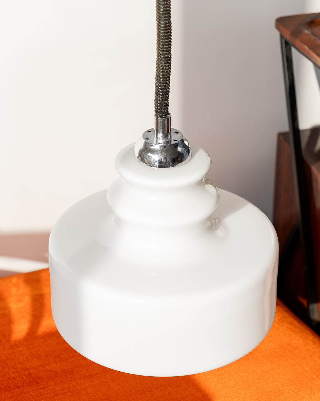 Vintage Space Age Opaline Glass Ceiling Lamp - Vintage 1960s extendable ceiling lamp with white opaline glass shade, chrome details, and black coiled cord. Iconic Space Age lighting in excellent condition.