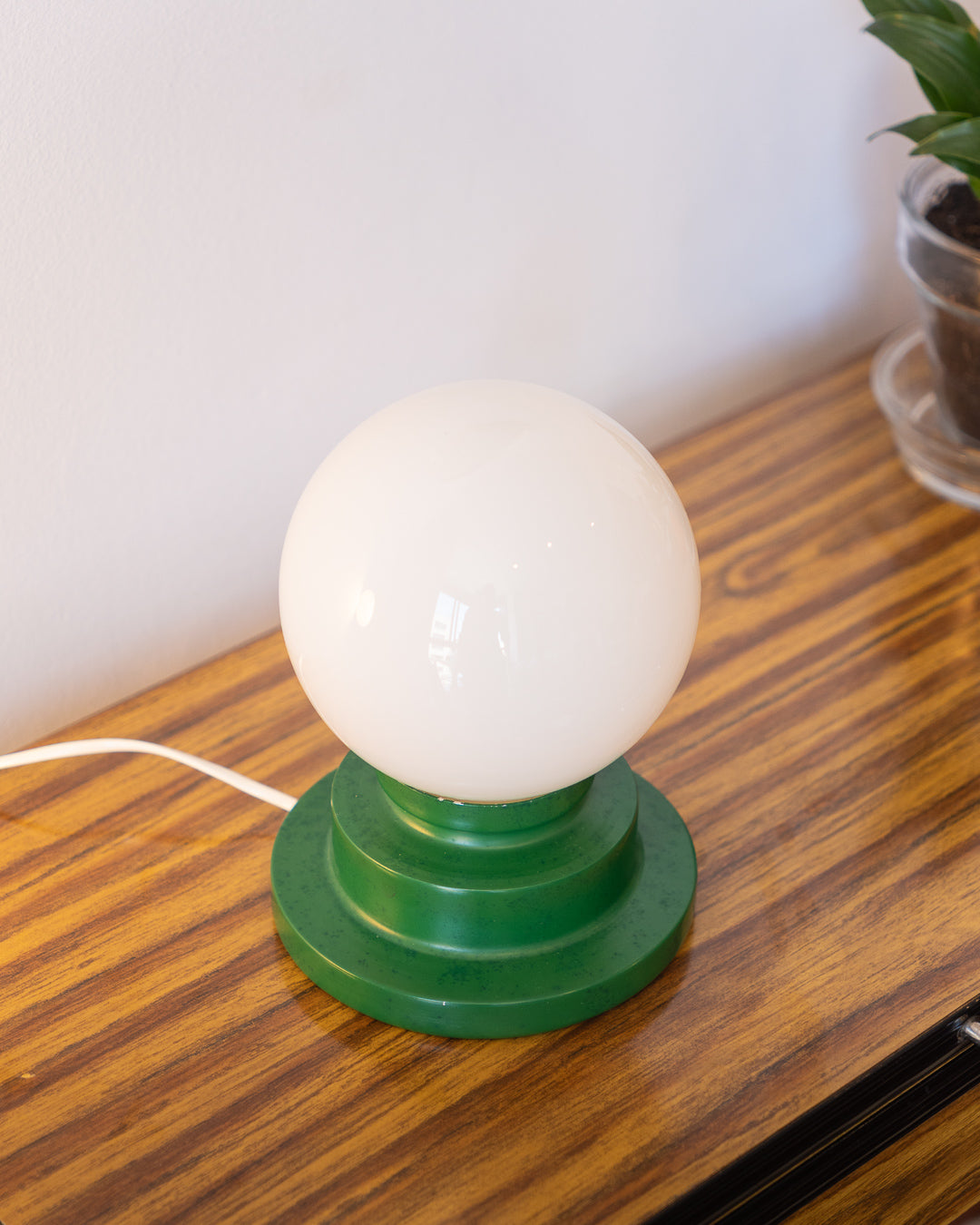 Vintage space age table lamp with white opaline shade and green stepped cone base – Vecino Shop