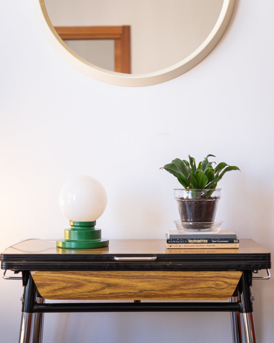 Vintage space age table lamp with white opaline shade and green stepped cone base – Vecino Shop