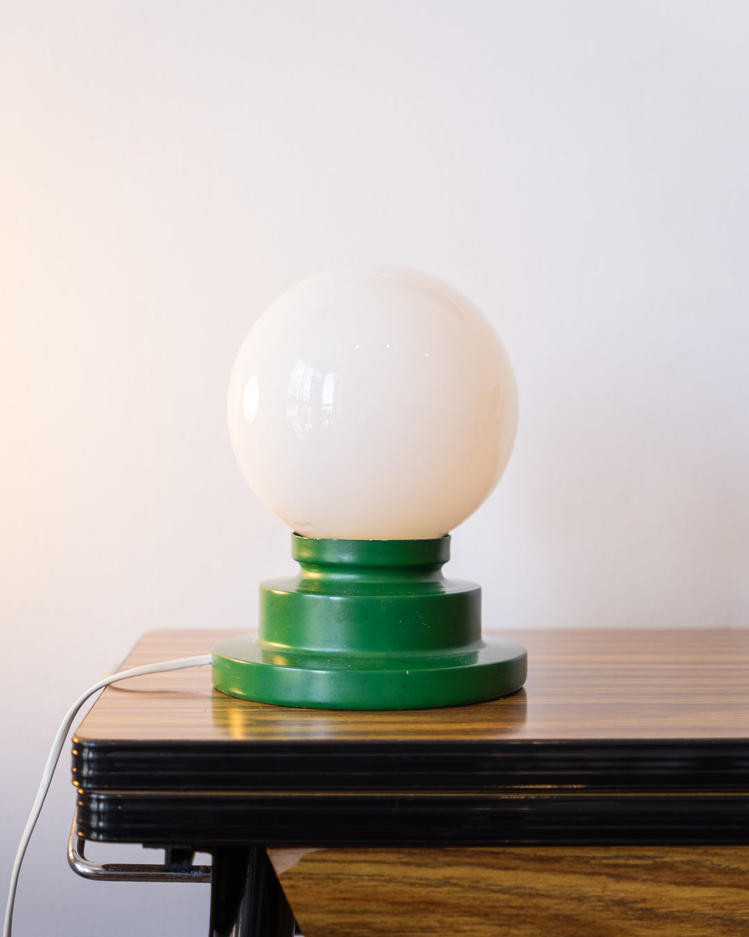 Vintage space age table lamp with white opaline shade and green stepped cone base – Vecino Shop