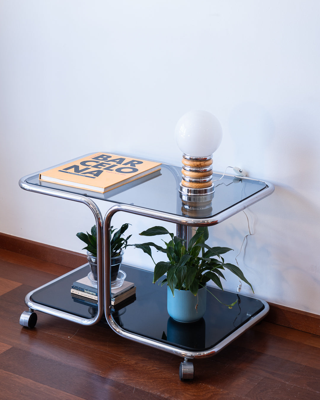 Vintage space age table lamp with white opaline shade and stacked chrome and wood ring base – Vecino Shop