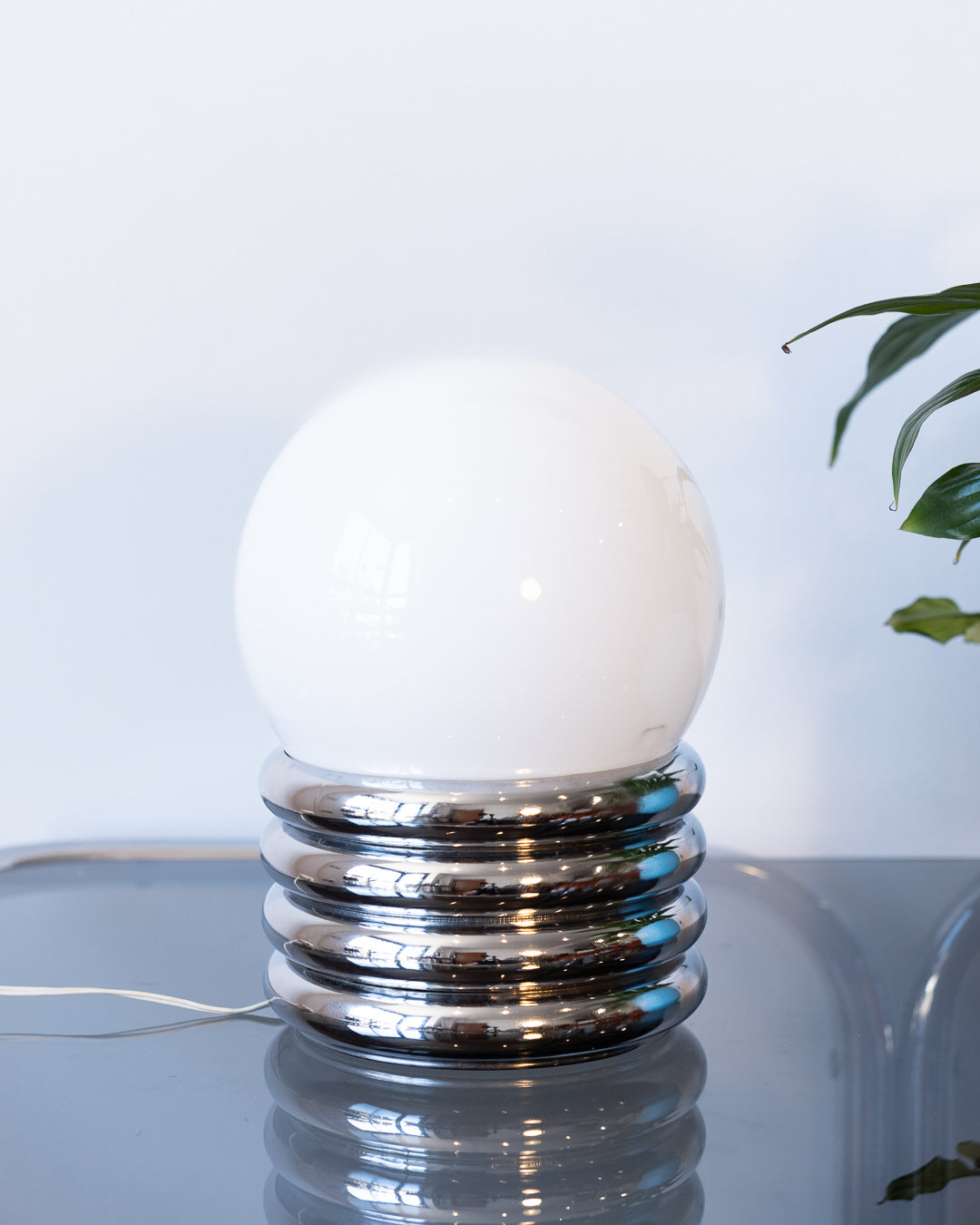 Vintage space age table lamp with white opaline shade and chrome base made of four stacked rings – Vecino Shop