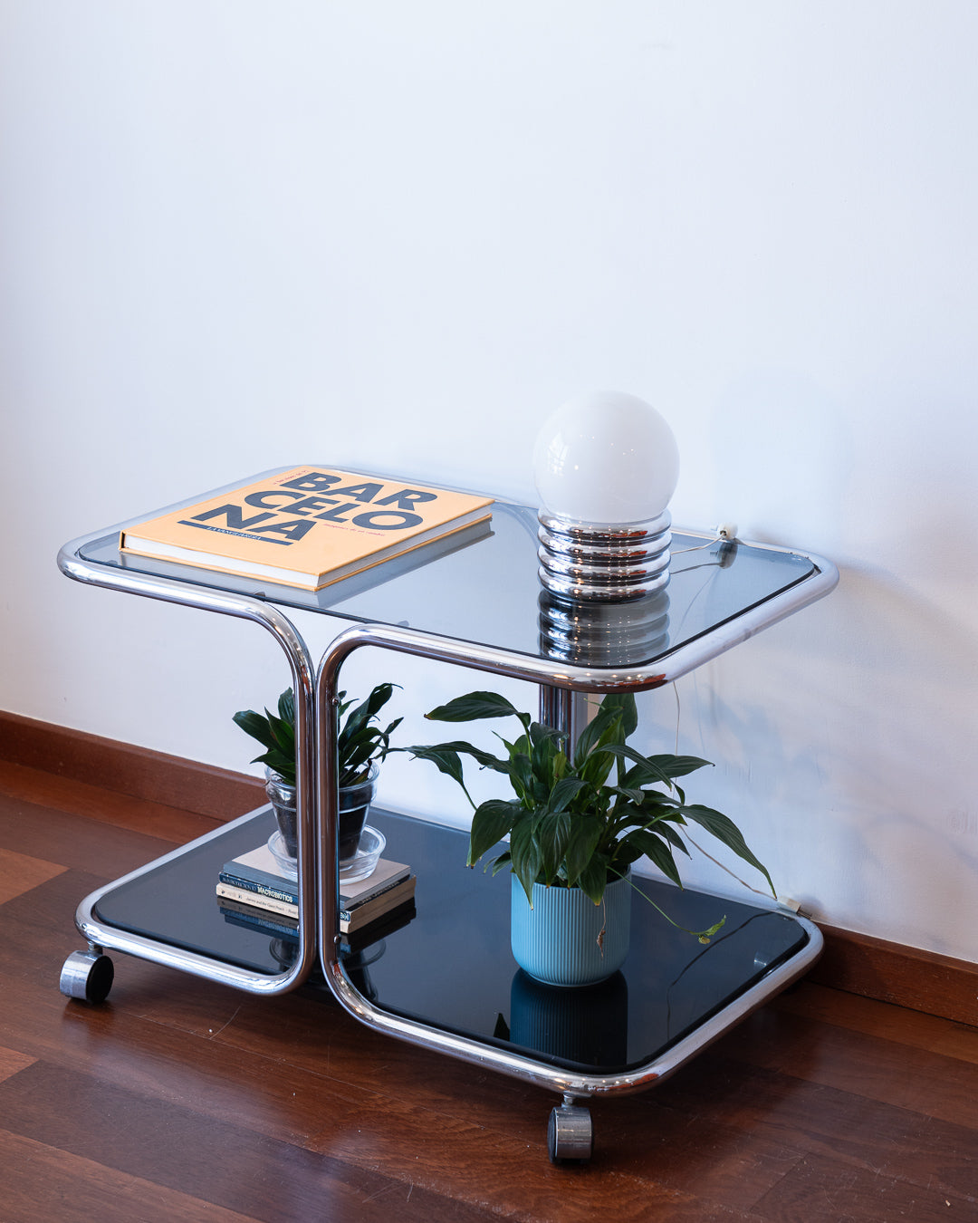 Vintage space age table lamp with white opaline shade and chrome base made of four stacked rings – Vecino Shop