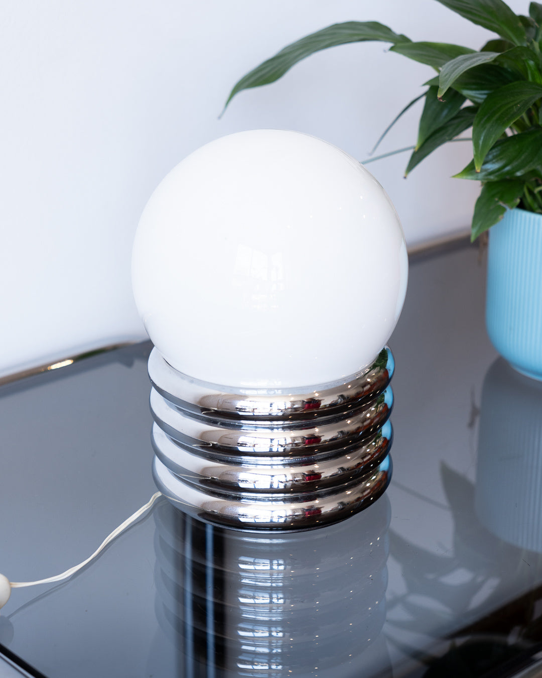 Vintage space age table lamp with white opaline shade and chrome base made of four stacked rings – Vecino Shop