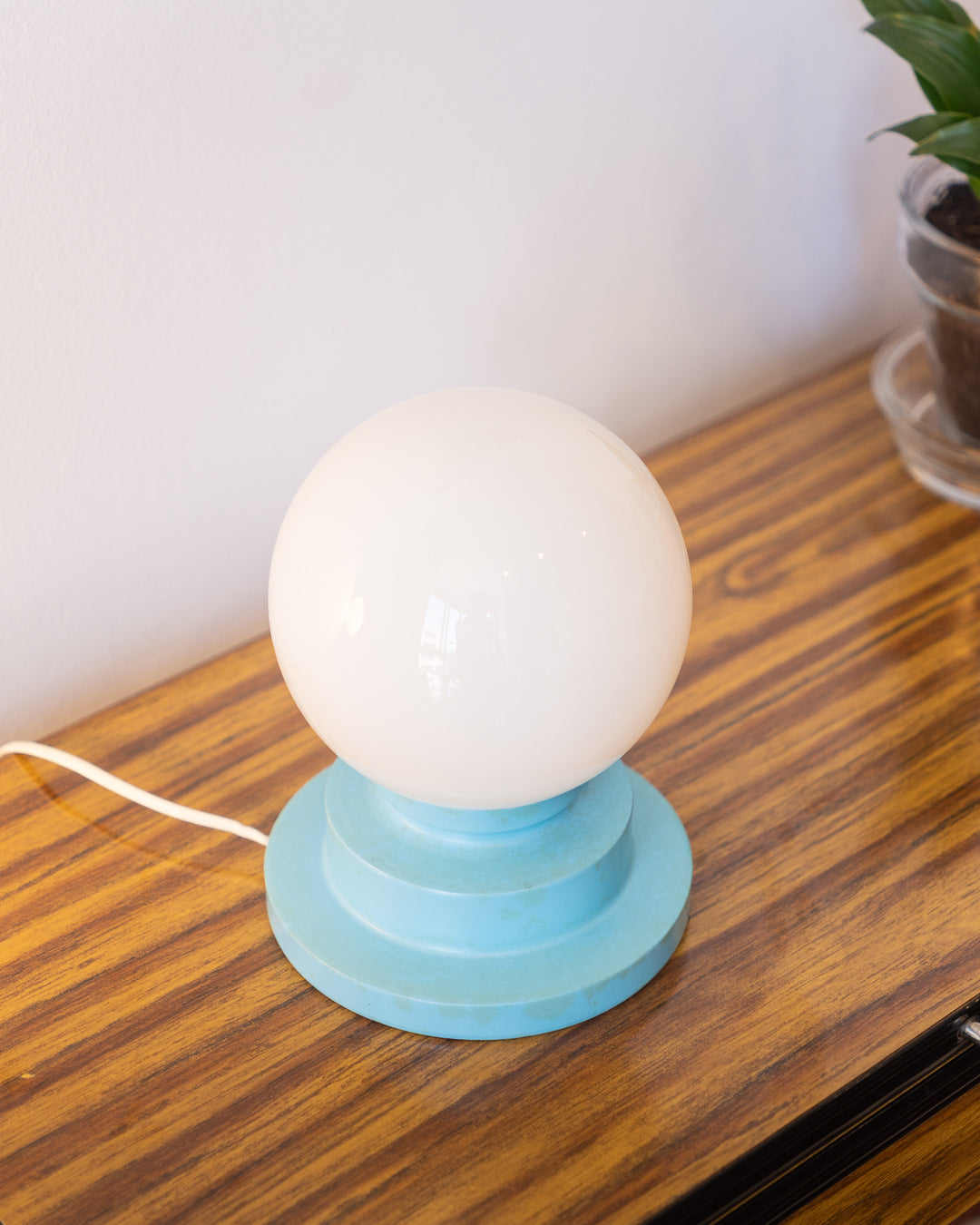 Vintage space age table lamp with white opaline shade and light blue stepped cone base – Vecino Shop