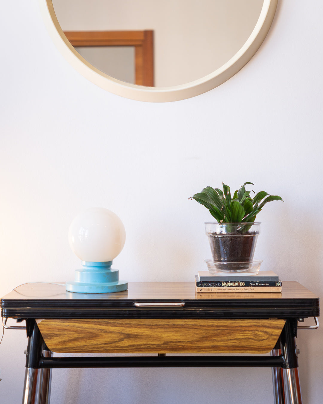Vintage space age table lamp with white opaline shade and light blue stepped cone base – Vecino Shop