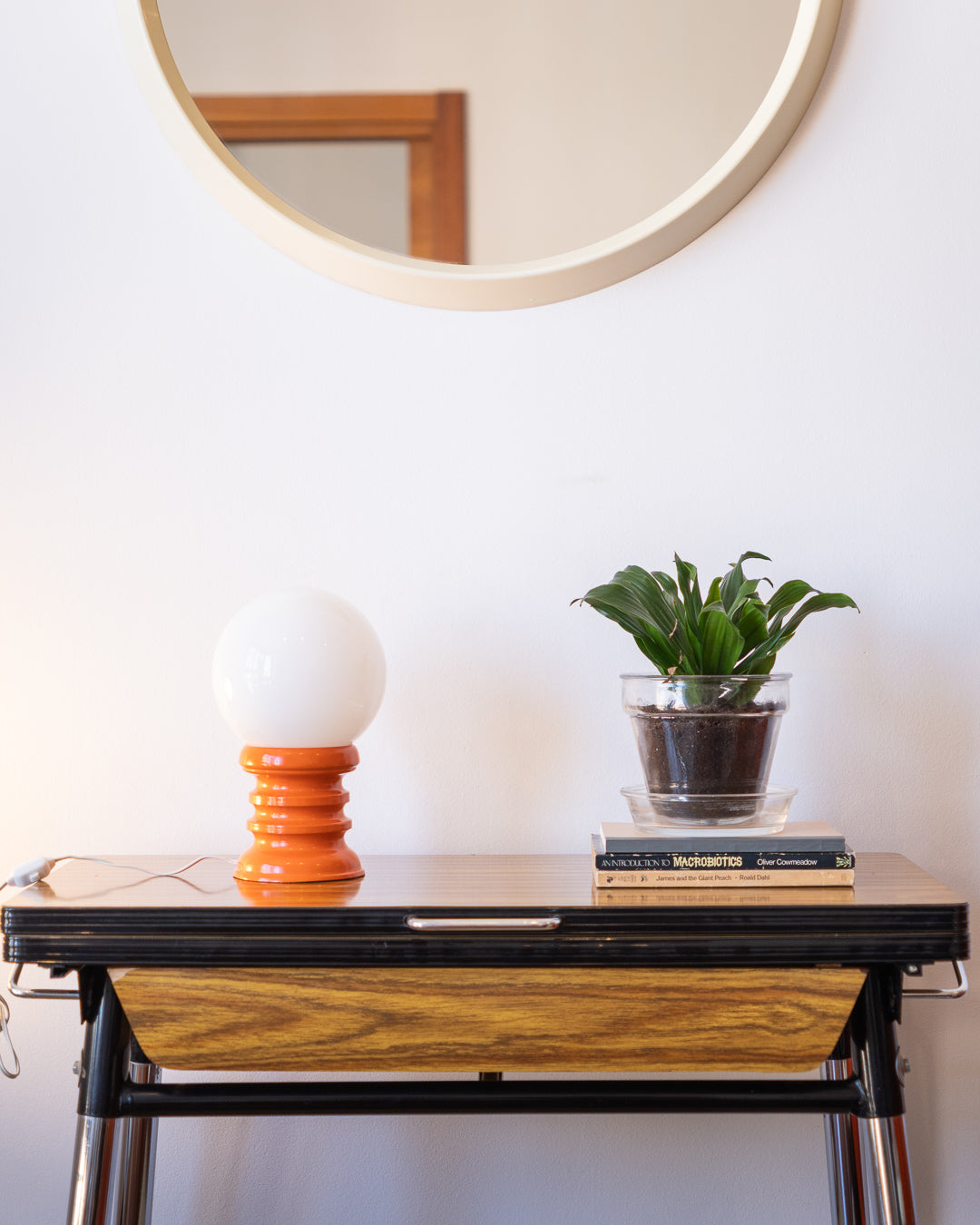Vintage space age table lamp with white opaline shade and orange tapered sculptural base – Vecino Shop