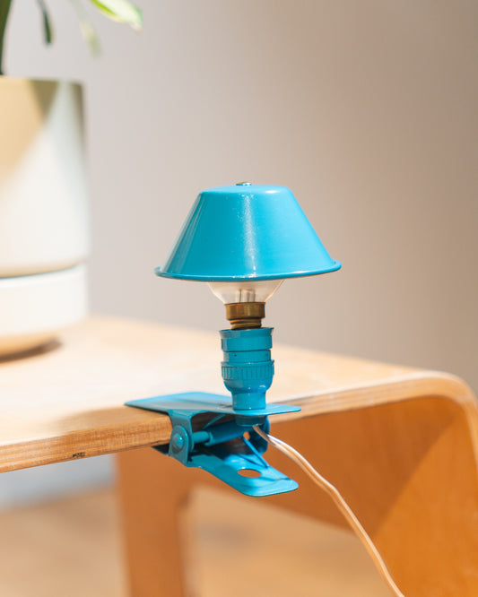 Vintage Luxus mini mushroom clip lamp in sky blue, 1960s Spanish Space Age design with clip base. Vecino Shop