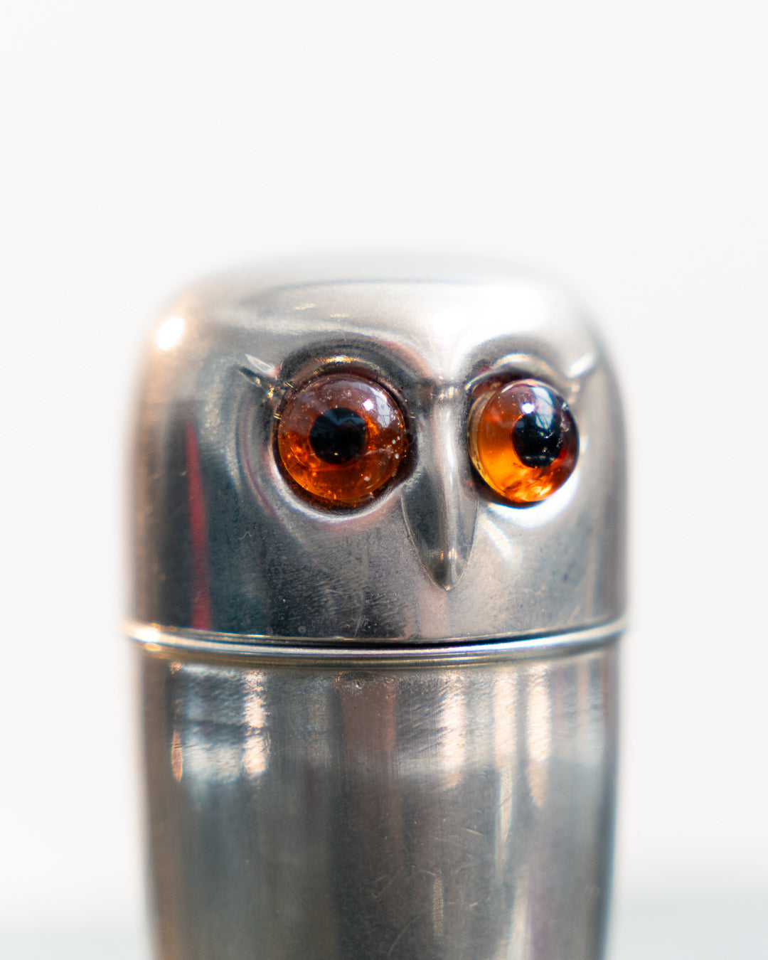 Vintage 1960s owl nesting shot glass set from West Germany with chrome body, amber eyes. Vecino Shop