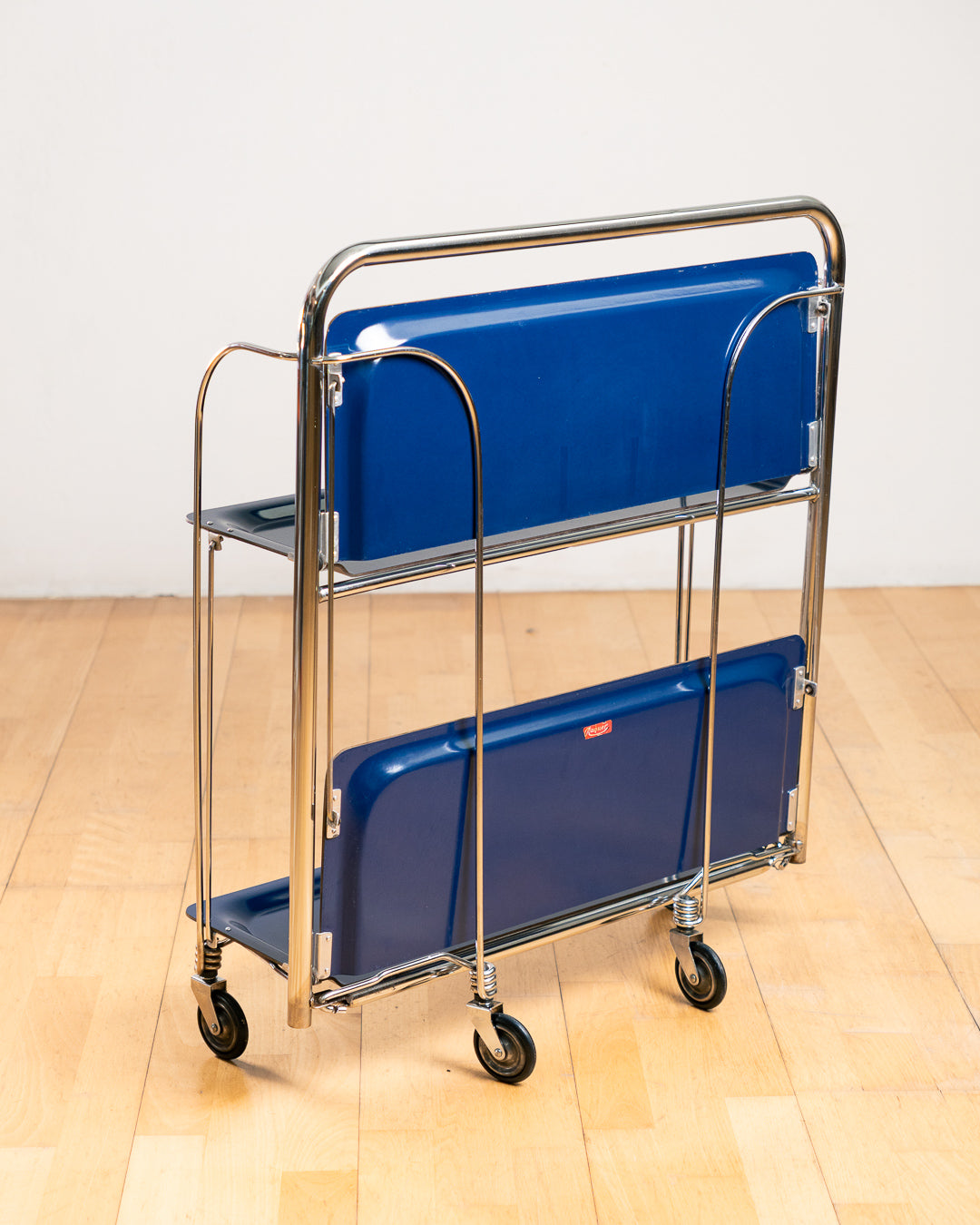 Vintage 1960s Raquer folding serving trolley in rare blue with chrome frame and two shelves. Mid Century modern made in Spain. Vecino Shop