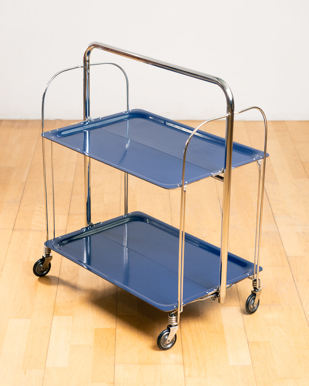 Vintage 1960s Raquer folding serving trolley in rare blue with chrome frame and two shelves. Mid Century modern made in Spain. Vecino Shop