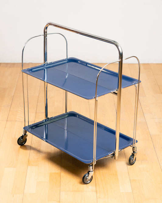 Vintage 1960s Raquer folding serving trolley in rare blue with chrome frame and two shelves. Mid Century modern made in Spain. Vecino Shop
