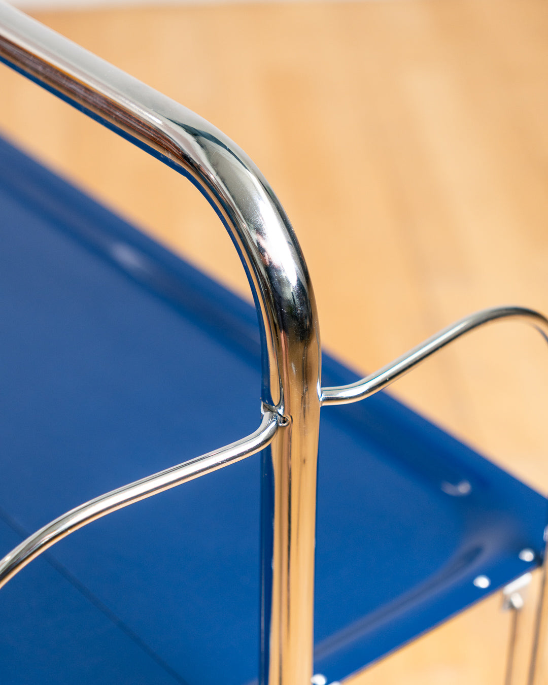 Vintage 1960s Raquer folding serving trolley in rare blue with chrome frame and two shelves. Mid Century modern made in Spain. Vecino Shop