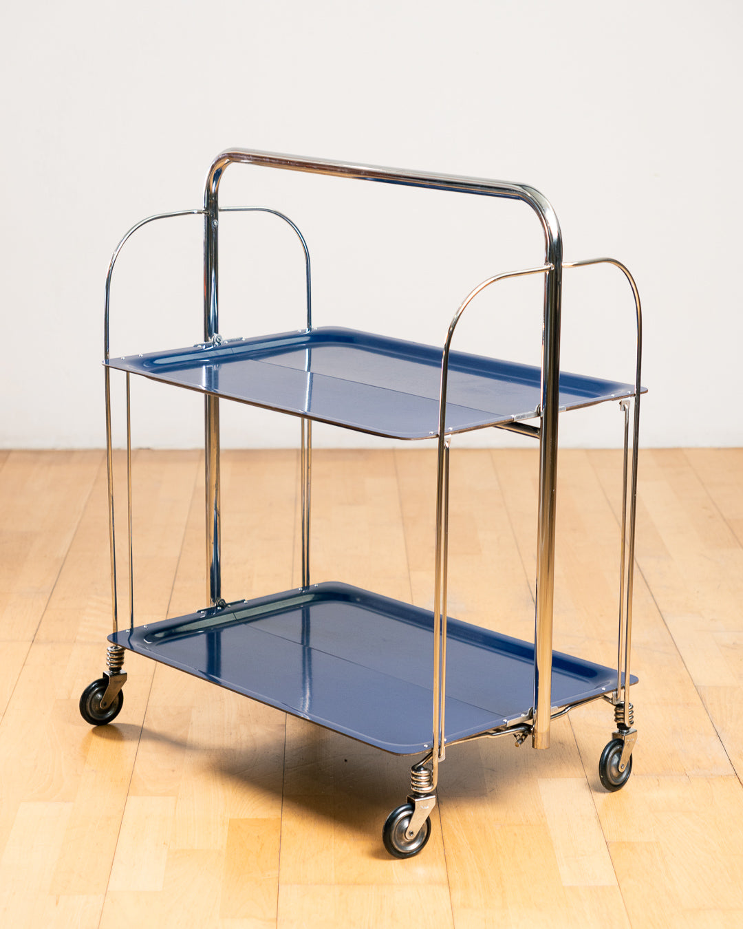 Vintage 1960s Raquer folding serving trolley in rare blue with chrome frame and two shelves. Mid Century modern made in Spain. Vecino Shop