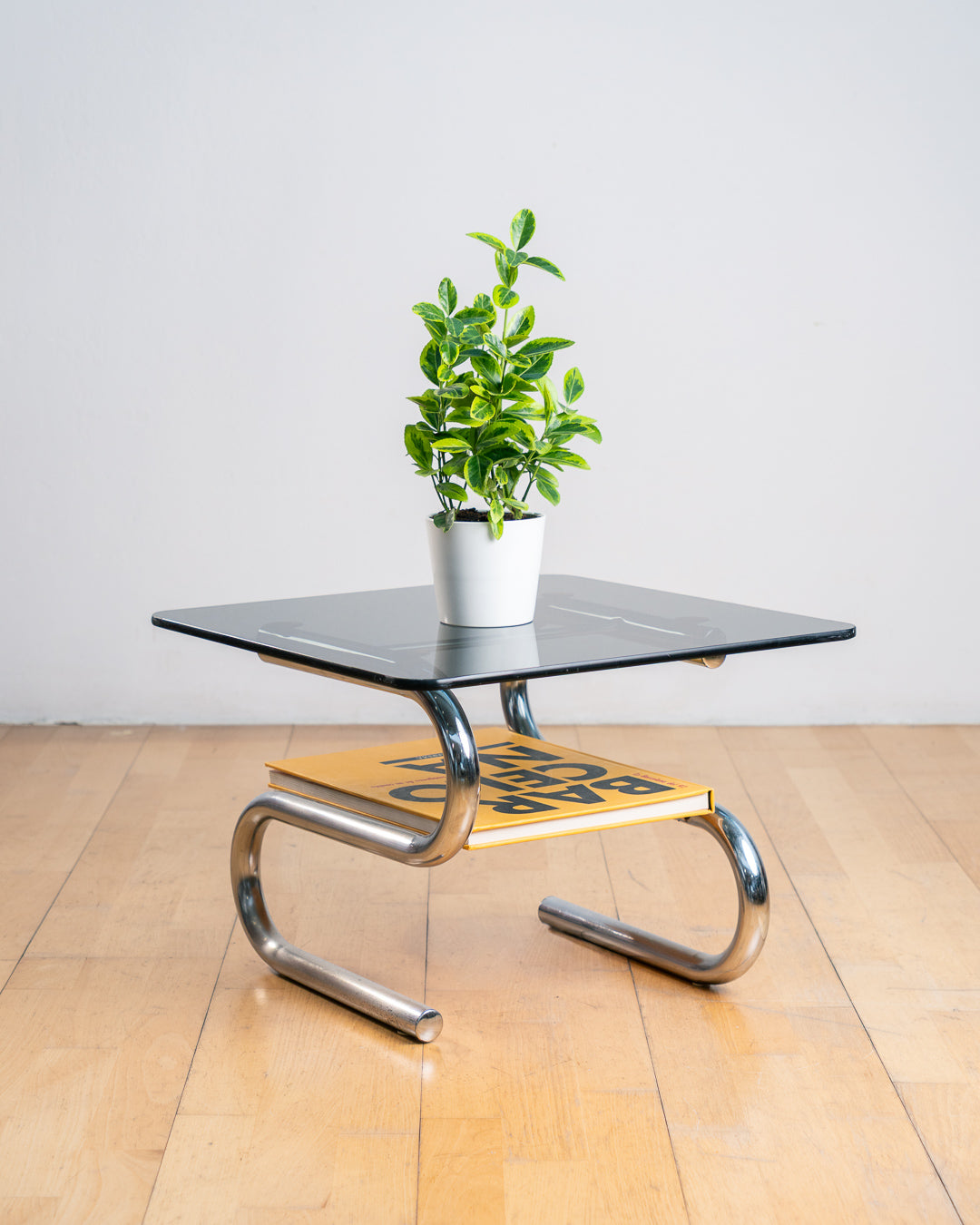 Vintage "S" Framed Chrome & Smoked Glass Side Table with Rack - 1970s