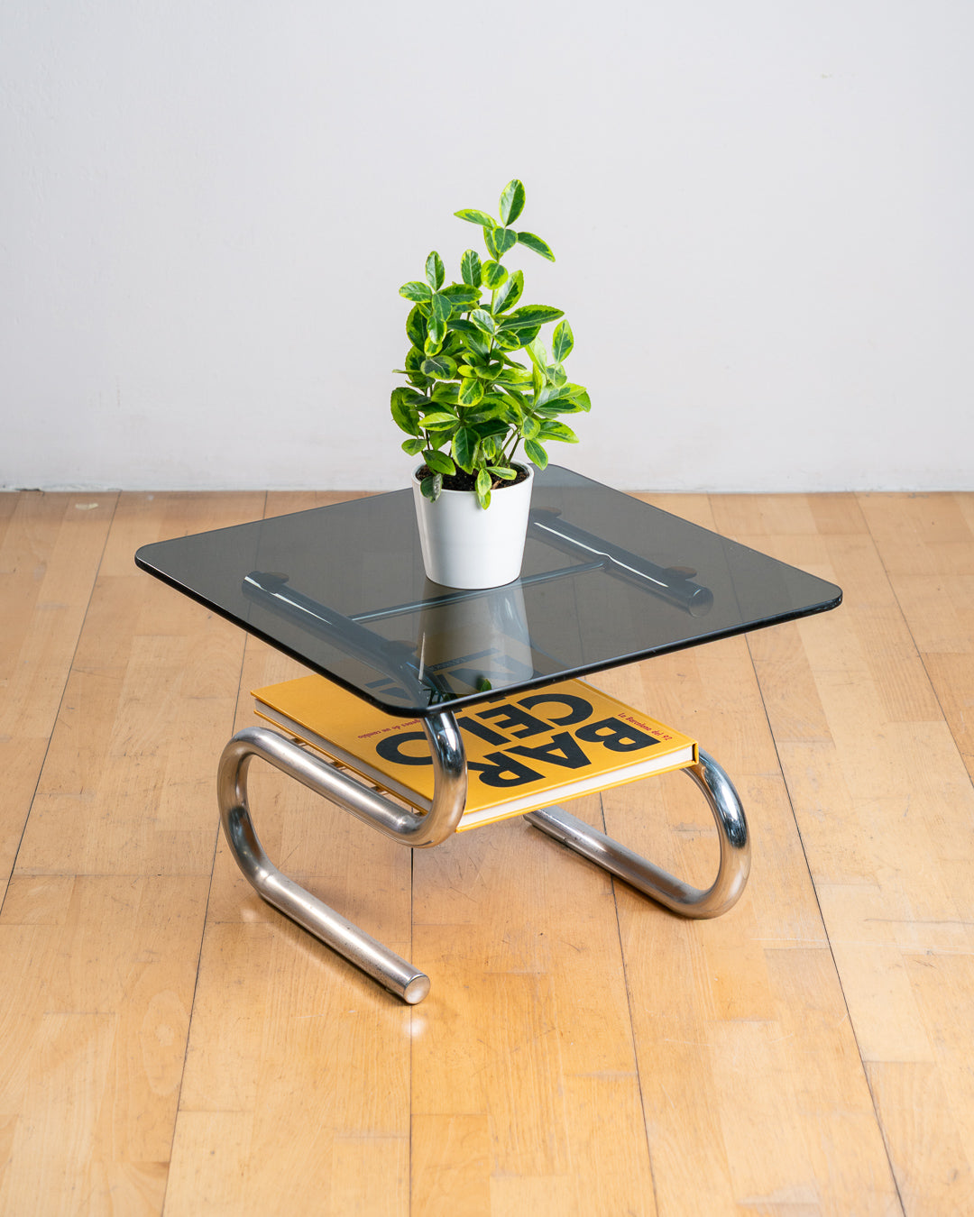 Vintage "S" Framed Chrome & Smoked Glass Side Table with Rack - 1970s