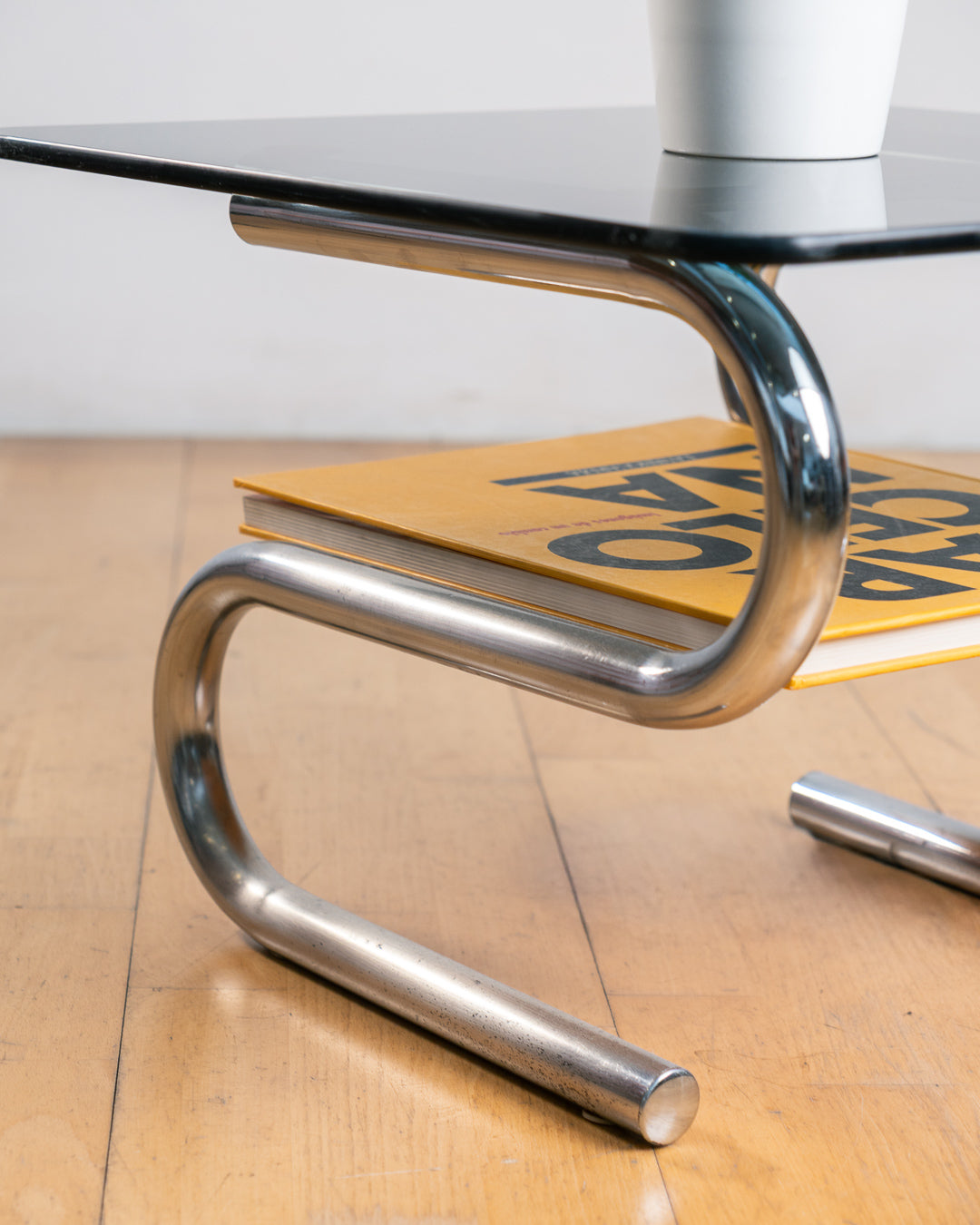 Vintage "S" Framed Chrome & Smoked Glass Side Table with Rack - 1970s