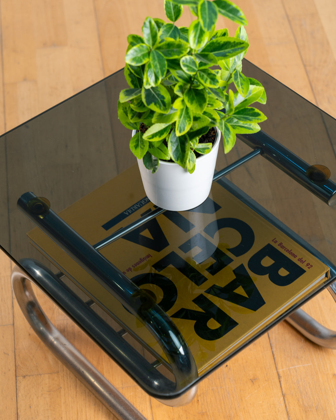Vintage "S" Framed Chrome & Smoked Glass Side Table with Rack - 1970s