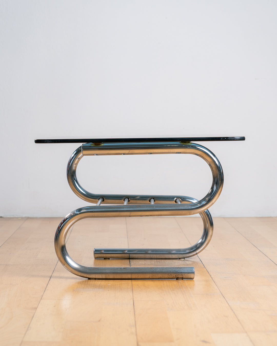Vintage "S" Framed Chrome & Smoked Glass Side Table with Rack - 1970s