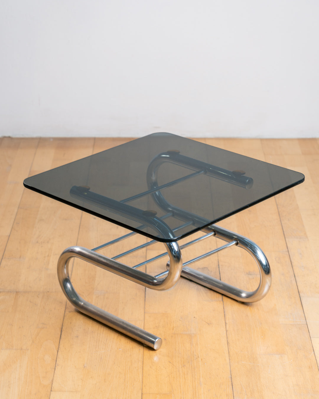 Vintage "S" Framed Chrome & Smoked Glass Side Table with Rack - 1970s
