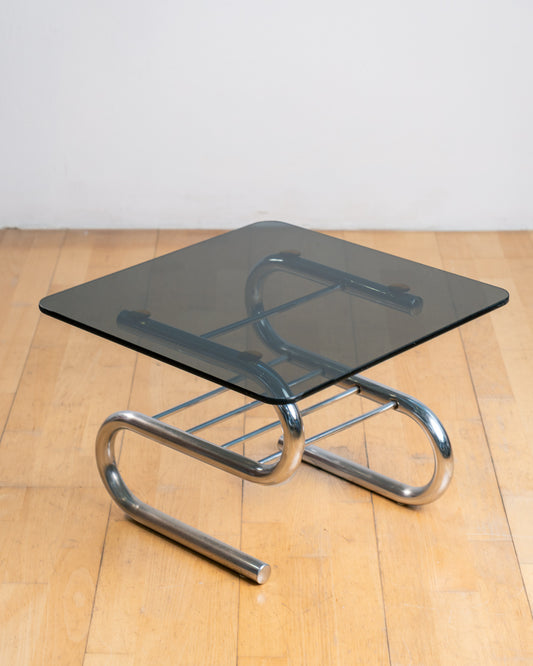 Vintage "S" Framed Chrome & Smoked Glass Side Table with Rack - 1970s
