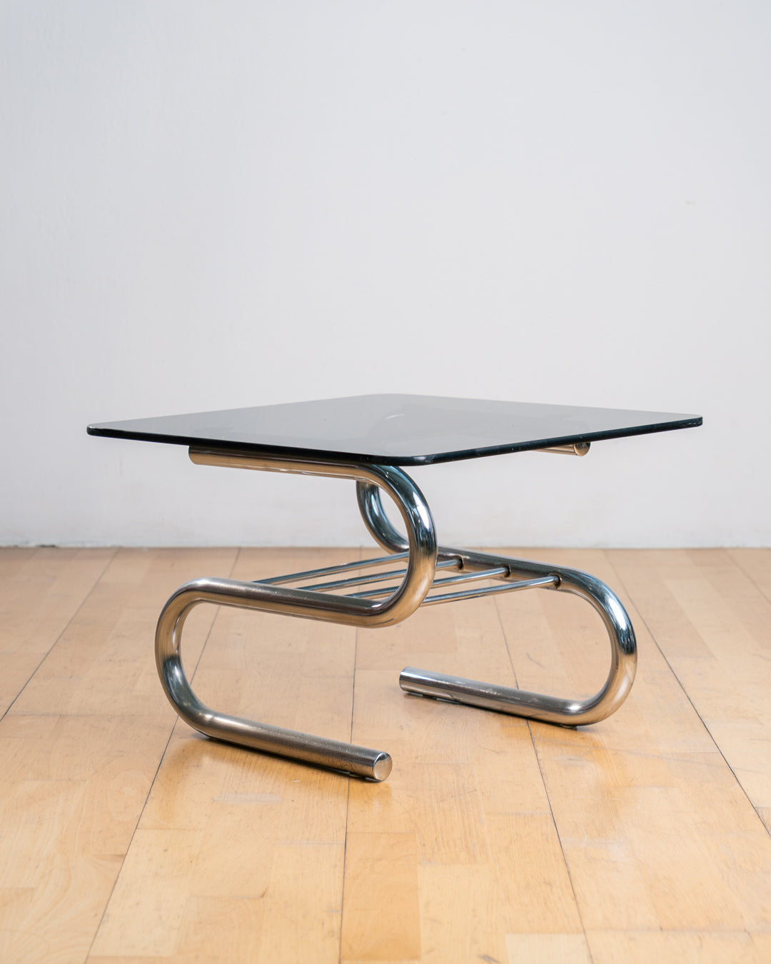 Vintage "S" Framed Chrome & Smoked Glass Side Table with Rack - 1970s