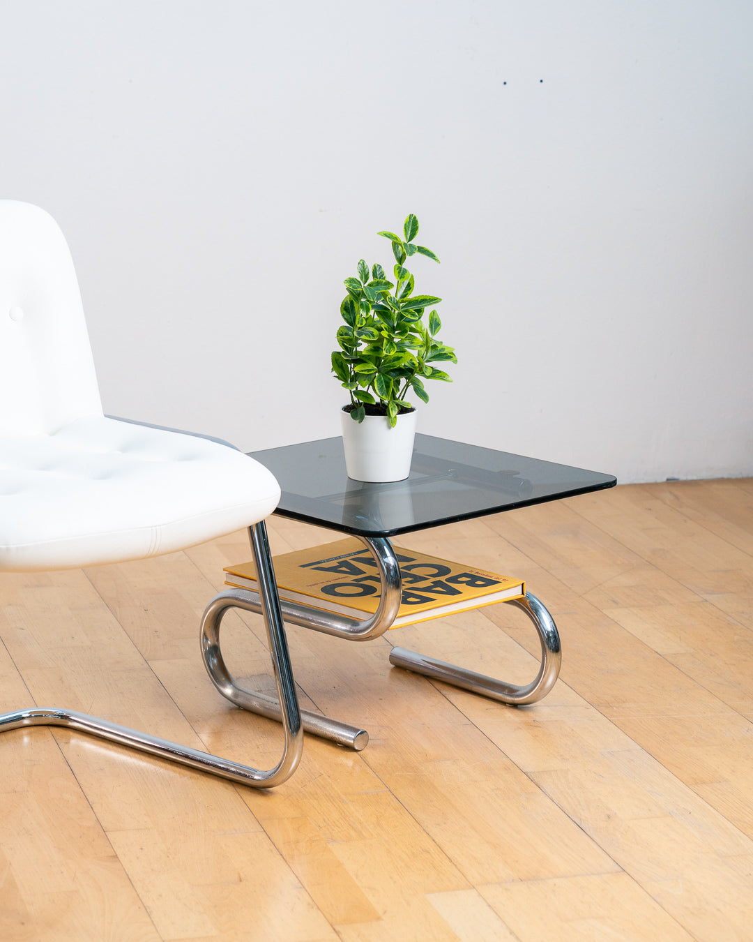 Vintage "S" Framed Chrome & Smoked Glass Side Table with Rack - 1970s