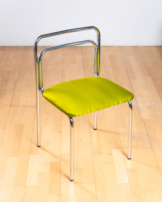 Set of 2 vintage 1970s Orix tubular chrome dining chairs with chartreuse upholstered seats. Italian Bauhaus design. Vecino Shop
