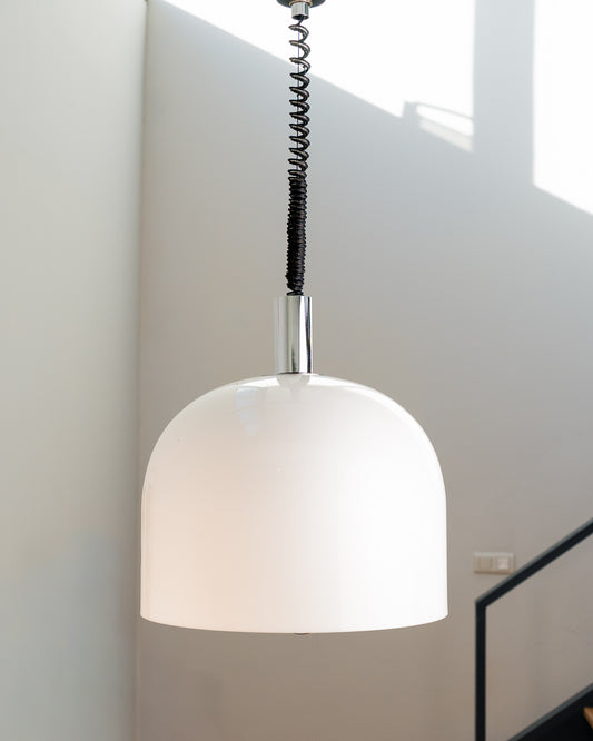 Vintage 1970s white acrylic dome extendable pendant lamp with chrome accents and adjustable coil, Space Age design. Vecino Shop